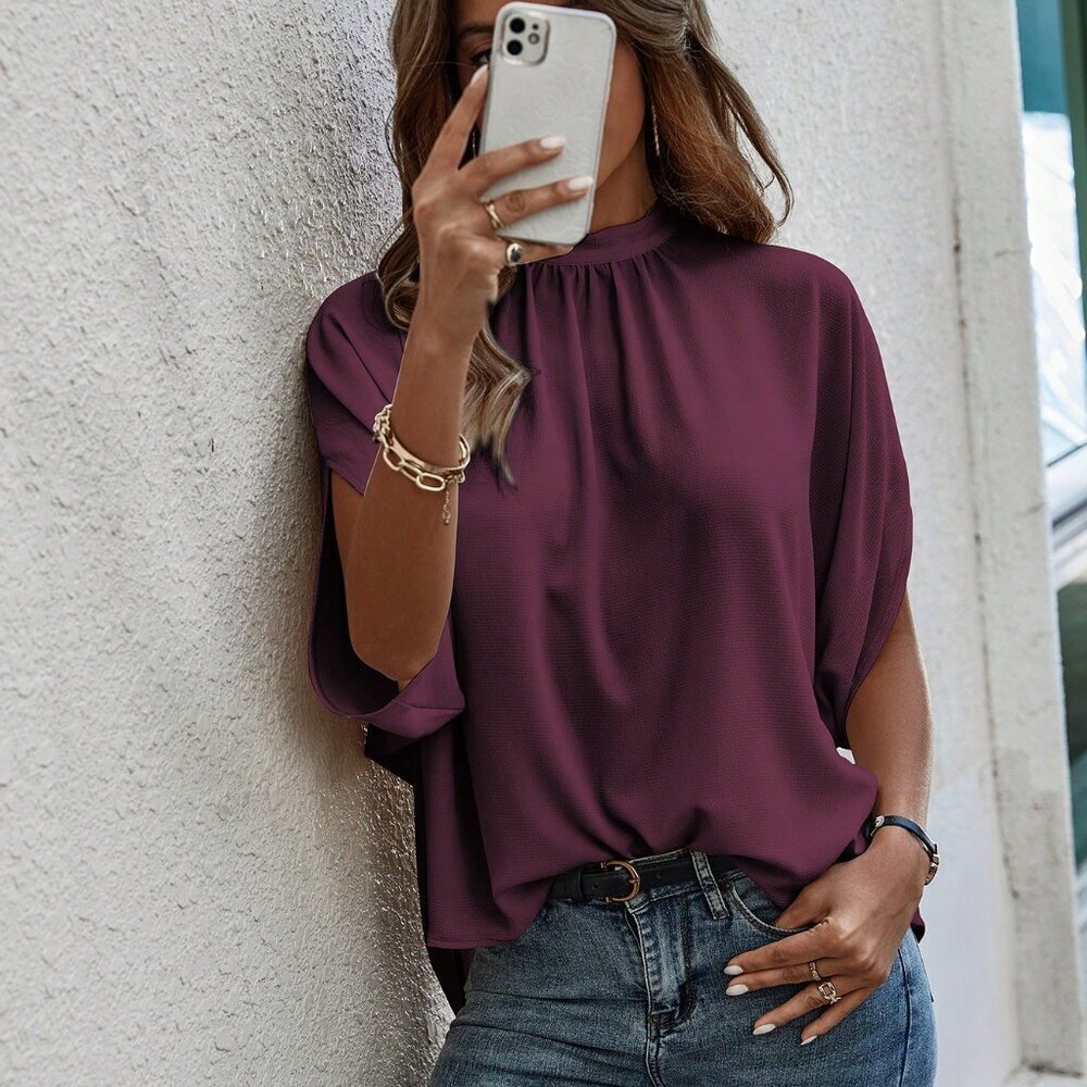 Burgundy Casual Women's Mid-Sleeve Shirt